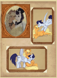 Size: 801x1100 | Tagged: safe, artist:saint-juniper, applejack, soarin', earth pony, pegasus, pony, fanfic:myths and birthrights, belly, duo, female, male, mare, photo album, pregnant, shipping, soarinjack, stallion, straight