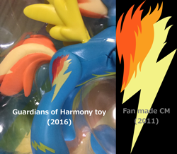 Size: 1692x1478 | Tagged: safe, derpibooru import, spitfire, backwards cutie mark, comparison, cutie mark, guardians of harmony, image macro, irl, photo, solo, toy