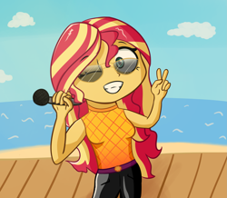 Size: 2407x2097 | Tagged: safe, artist:artiks, sunset shimmer, equestria girls, equestria girls series, let it rain, spoiler:eqg series (season 2), beach, looking at you, microphone, one eye closed, peace sign, smiling, solo, sunglasses, wink