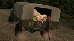 Size: 3000x1687 | Tagged: safe, artist:cykablyatcomrad, fluttershy, pegasus, pony, 3d, cute, sleeping, source filmmaker, truck