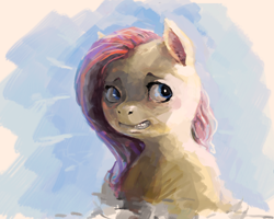 Size: 2984x2387 | Tagged: safe, artist:sharpieboss, fluttershy, pegasus, pony, bust, gritted teeth, looking away, looking sideways, portrait, smiling, solo