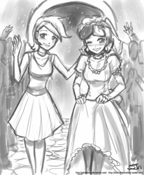 Size: 659x800 | Tagged: safe, artist:johnjoseco, bon bon, lyra heartstrings, sweetie drops, human, blushing, clothes, dress, female, grayscale, grin, humanized, lesbian, lyrabon, monochrome, shipping, skirt, skirt lift, smiling, waving, wedding, wedding dress, wink