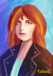 Size: 1000x1422 | Tagged: safe, artist:fathzoli, sunset shimmer, human, abstract background, badass, bust, digital painting, humanized, ibispaint x, looking at you, portrait, solo