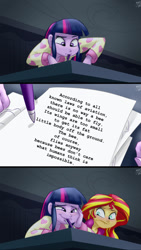 Size: 1242x2208 | Tagged: safe, artist:ponut_joe, artist:ponut_joe edit, edit, sunset shimmer, twilight sparkle, twilight sparkle (alicorn), alicorn, equestria girls, rainbow rocks, bee movie, blushing, caption, copypasta, exploitable meme, image macro, meme, mouth drawing, mouth hold, paper, pen, scene interpretation, text, twilight's mouth art