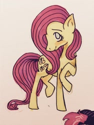 Size: 2448x3264 | Tagged: safe, artist:wutthediddleydarn, fluttershy, pegasus, pony, head turn, looking at you, looking up, raised hoof, simple background, solo, standing, traditional art
