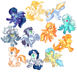 Size: 3200x3000 | Tagged: safe, artist:chatotlover448, derpibooru import, blaze, fire streak, fleetfoot, high winds, lightning streak, misty fly, silver lining, silver zoom, soarin', spitfire, surprise, wave chill, pegasus, pony, chest fluff, female, fluffy, male, mare, simple background, stallion, white background, wonderbolts