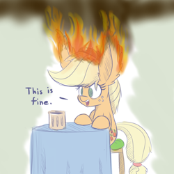 Size: 800x800 | Tagged: safe, artist:heir-of-rick, applejack, earth pony, pony, daily apple pony, burning, chair, dialogue, ear fluff, empty eyes, fire, funny, gray background, impossibly large ears, mug, no catchlights, no pupils, on fire, open mouth, simple background, sitting, smiling, smoke, solo, stool, table, this is fine, wat