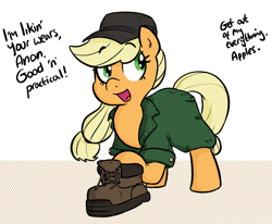 Size: 866x712 | Tagged: safe, artist:shoutingisfun, applejack, earth pony, pony, boots, clothes, dialogue, hat, mlpgdraws, shirt, solo