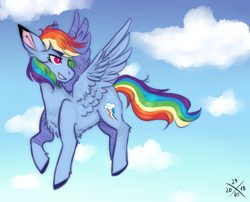 Size: 2100x1700 | Tagged: safe, artist:mintpencil, derpibooru import, rainbow dash, pegasus, pony, belly fluff, chest fluff, cloud, colored ears, colored hooves, female, flying, leg fluff, mare, sky, solo