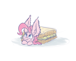 Size: 1000x800 | Tagged: safe, artist:heir-of-rick, pinkie pie, earth pony, pony, cute, food, impossibly large ears, sandwich, solo