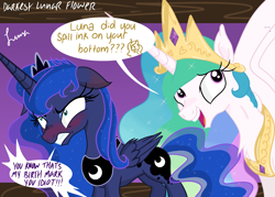 Size: 4823x3445 | Tagged: safe, artist:darkest-lunar-flower, princess celestia, princess luna, alicorn, pony, absurd resolution, angry, blushing, dialogue, ear blush, embarrassed, floppy ears, gritted teeth, open mouth, sillestia, silly, smiling, spread wings, trollestia, wings