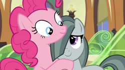 Size: 1886x1066 | Tagged: safe, artist:éclair, edit, edited screencap, screencap, marble pie, pinkie pie, earth pony, pony, maud pie (episode), c:, cute, female, hair over one eye, hug, incest, lesbian, marbinkie, pie sisters, pie twins, pinkmarble, role reversal, shipping, smiling, train, twins