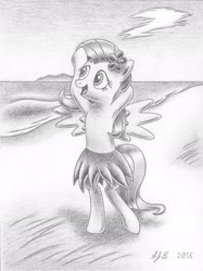 Size: 2243x3003 | Tagged: safe, artist:europeandragon, fluttershy, pegasus, pony, armpits, beach, bipedal, clothes, dancing, flower, flower in hair, grass skirt, grayscale, hawaiian flower in hair, hooves up, hula, hula dance, hulashy, looking away, looking up, monochrome, open mouth, pencil drawing, skirt, smiling, solo, spread wings, traditional art