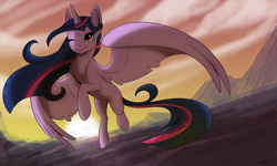 Size: 1280x768 | Tagged: safe, artist:probablyfakeblonde, derpibooru import, twilight sparkle, twilight sparkle (alicorn), alicorn, pony, twilight's kingdom, backlighting, female, flying, mare, one eye closed, smiling, solo, sparkles, spread wings, sun, sunset, wink