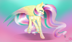 Size: 1024x600 | Tagged: safe, artist:prettyshinegp, fluttershy, pegasus, pony, colored wings, colored wingtips, looking away, rainbow power, solo, spread wings, watermark