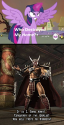 Size: 422x824 | Tagged: safe, derpibooru import, twilight sparkle, twilight sparkle (alicorn), alicorn, pony, exploitable meme, female, hub logo, mare, meme, mortal kombat, shao kahn, who destroyed twilight's home