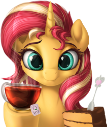 Size: 2123x2521 | Tagged: safe, artist:awalex, sunset shimmer, pony, unicorn, cake, cute, digital art, female, food, looking at you, mare, pun, shimmerbetes, simple background, smiling, solo, spoon, tea, transparent background, underhoof, visual pun