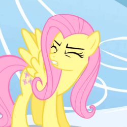 Size: 472x472 | Tagged: safe, screencap, fluttershy, pegasus, pony, sonic rainboom (episode), animated, cloudsdale, cropped, cute, eyes closed, gif, head shake, shyabetes, solo, standing