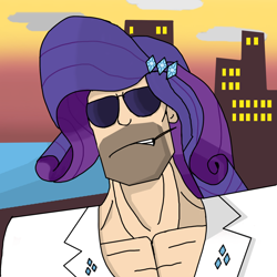 Size: 1500x1500 | Tagged: safe, artist:masterkaiser, elusive, rarity, human, 80's fashion, aesthetics, beach, beard, clothes, cool, cutie mark, cutie mark on clothes, facial hair, fashion, fashion style, five o'clock shadow, humanized, miami, muscles, noon, rule 63, simpsons did it, sunglasses, the simpsons, toy