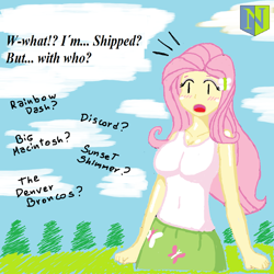 Size: 1024x1024 | Tagged: safe, artist:neutralchilean, fluttershy, equestria girls, anime face, blushing, breasts, cleavage, denver broncos, female, hootershy, humanized, implied discoshy, implied flutterdash, implied fluttermac, implied shipping, implied sunshyne, implying, surprised, wat