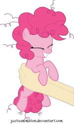 Size: 4766x7999 | Tagged: safe, artist:justisanimation, pinkie pie, earth pony, human, pony, absurd resolution, cute, diapinkes, eyes closed, female, filly, filly pinkie pie, hand, holding a pony, justis holds a pony, offscreen character, simple background, smiling, solo, transparent background, vector, younger