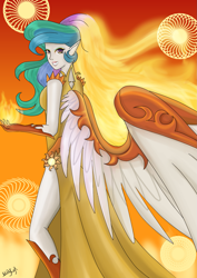 Size: 1445x2039 | Tagged: safe, artist:mdeltar, daybreaker, princess celestia, human, a royal problem, clothes, daybreak celestia, dress, fire, humanized, magic, mane of fire, smiling, smirk, solo, transformation, winged humanization, wings