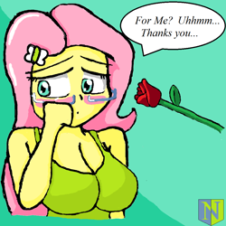 Size: 1000x1000 | Tagged: safe, artist:neutralchilean, fluttershy, equestria girls, blushing, breasts, cleavage, comic, crying, dialogue, engrish, female, flower, hootershy, rose, solo