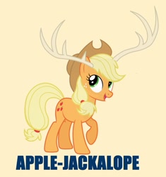 Size: 1363x1450 | Tagged: safe, artist:szabobali, applejack, earth pony, pony, antlers, applejackalope, female, jackalope, joke, looking up, mare, open mouth, pun, raised hoof, simple background, smiling, solo, wordplay, yellow background