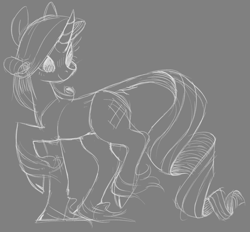 Size: 1006x933 | Tagged: safe, artist:xenon, rarity, pony, unicorn, female, gray background, looking back, mare, monochrome, raised hoof, simple background, sketch, solo, unshorn fetlocks