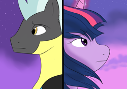 Size: 1000x700 | Tagged: safe, artist:wafflii, derpibooru import, thunderlane, twilight sparkle, twilight sparkle (alicorn), alicorn, pony, close-up, female, frown, male, mare, profile, sad, shipping, straight, twilane