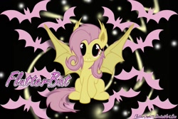 Size: 1095x730 | Tagged: safe, artist:flutterdash75, fluttershy, bat, bat pony, pony, cute, flutterbat, looking at you, name, raised hoof, shyabates, shyabetes, sitting, spread wings