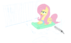 Size: 1185x716 | Tagged: safe, artist:fatalqueef, fluttershy, pegasus, pony, :p, bedroom eyes, cute, fence, floatie, floaty, grass, pool toy, prone, shyabetes, smiling, solo, sprinkler, tongue out, unshorn fetlocks, water