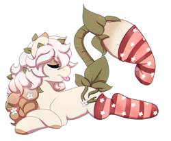 Size: 1434x1182 | Tagged: safe, artist:pomrawr, oc, oc only, monster pony, original species, piranha plant pony, plant pony, augmented tail, clothes, eyes closed, flower, flower in hair, looking back, plant, prone, simple background, socks, solo, stockings, striped socks, tail mouth, thigh highs, tongue out, transparent background, ych result