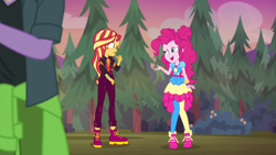 Size: 1600x900 | Tagged: safe, screencap, duke suave, pinkie pie, sunset shimmer, better together, equestria girls, sunset's backstage pass!, clothes, dress, jacket, music festival outfit, pants, shoes, sneakers