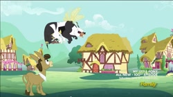 Size: 1273x713 | Tagged: safe, screencap, applejack, matilda, rarity, bugbear, donkey, earth pony, pony, unicorn, slice of life (episode), discovery family logo, flying, house, houses, monster, ponyville