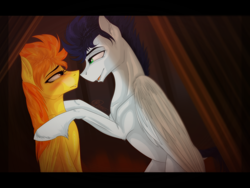 Size: 1600x1200 | Tagged: safe, artist:sevenada, derpibooru import, soarin', spitfire, pony, cute, eye contact, female, looking at each other, male, shipping, soarinfire, straight, touch