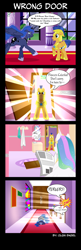 Size: 1024x3163 | Tagged: safe, artist:olga-engel, edit, editor:str1ker878, flash sentry, princess celestia, princess luna, alicorn, pegasus, pony, abuse, bathroom, blushing, but why, comic, crying, flashabuse, implied pooping, newspaper, prank, this will end in tears and/or a journey to the moon, toilet, translation, trolluna