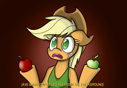 Size: 900x630 | Tagged: safe, artist:heir-of-rick, applejack, anthro, daily apple pony, apple, arm hooves, clothes, crying, descriptive noise, meme, tanktop