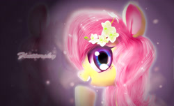 Size: 3380x2050 | Tagged: safe, artist:lmgchikess, fluttershy, pegasus, pony, bust, flower, flower in hair, looking at you, portrait, profile, solo