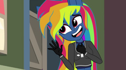 Size: 4321x2409 | Tagged: safe, artist:galacticflashd, derpibooru exclusive, derpibooru import, screencap, evil pie hater dash, rainbow dash, equestria girls, secrets and pies, adorapiehater, breasts, clothes, evening gloves, gloves, long gloves, makeup, open mouth, rainboob dash, shirt, short shirt, show accurate, solo, talking, waving