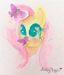 Size: 900x1058 | Tagged: safe, artist:artsymuffin, fluttershy, butterfly, pegasus, pony, bust, portrait, simple background, solo, traditional art, watercolor painting