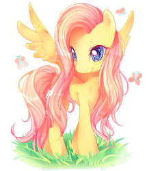 Size: 900x960 | Tagged: safe, artist:yoclesh, fluttershy, butterfly, pegasus, pony, grass, head turn, simple background, solo, spread wings, standing, transparent background