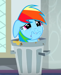 Size: 298x364 | Tagged: safe, derpibooru import, edit, edited screencap, screencap, rainbow dash, pegasus, pony, parental glideance, school raze, abuse, cropped, crying, dashabuse, op is a cuck, op is trying to start shit, rainbow trash, sad, solo, trash can