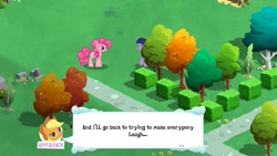 Size: 1136x640 | Tagged: safe, applejack, pinkie pie, twilight sparkle, earth pony, pony, magical mystery cure, gameloft, glitch, screenshots, tree