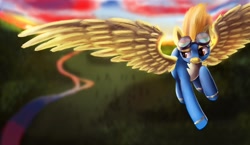 Size: 1172x681 | Tagged: safe, artist:ninatvpk, derpibooru import, spitfire, clothes, flying, goggles, large wings, solo, uniform, wings, wonderbolts, wonderbolts uniform