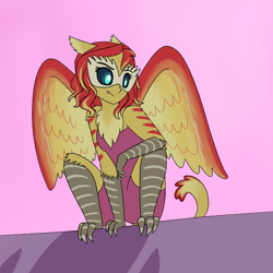 Size: 2250x2250 | Tagged: safe, alternate version, artist:suchosophie, sunset shimmer, anthro, monster pony, original species, equestria girls, alternate universe, avian, black sclera, chest tuft, crouching, ear tufts, feather, harpy, rooftop, shadow, simple background, solo, sunset, talons