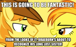 Size: 624x387 | Tagged: safe, derpibooru import, braeburn, spitfire, pony, duo, female, image macro, implied incest, male, meme, shipping, simple background, spitburn, straight, this will end in tears, this will not end well, yellow background