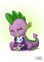 Size: 955x1351 | Tagged: safe, artist:mysticalpha, rarity, spike, dragon, pony, unicorn, baby, baby dragon, button eyes, cuddling, cute, eyes closed, fangs, female, happy, hug, male, plushie, rarity plushie, shipping, signature, simple background, sitting, solo, sparity, spikabetes, straight, white background