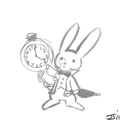 Size: 1280x1280 | Tagged: safe, artist:johnjoseco, angel bunny, alice in wonderland, crossover, grayscale, monochrome, parody, the white rabbit