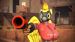 Size: 3840x2160 | Tagged: safe, artist:vanchees, derpibooru import, spitfire, anthro, 3d, bodysuit, breasts, catsuit, female, gas mask, latex, latex suit, mask, pyro, source filmmaker, spitfire pyro, team fortress 2